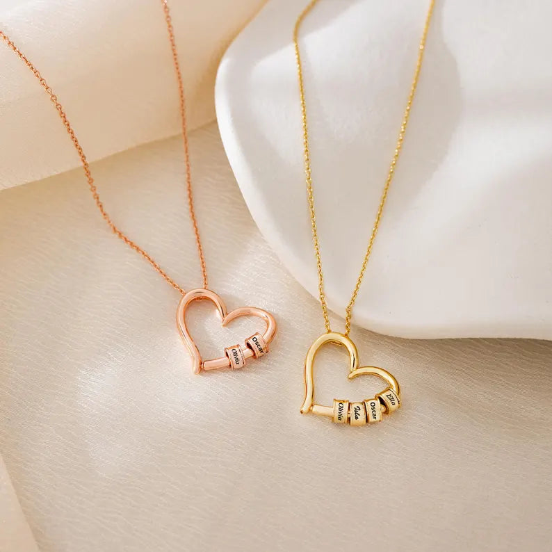Elegant Heart Necklace with Custom Engraved Beads