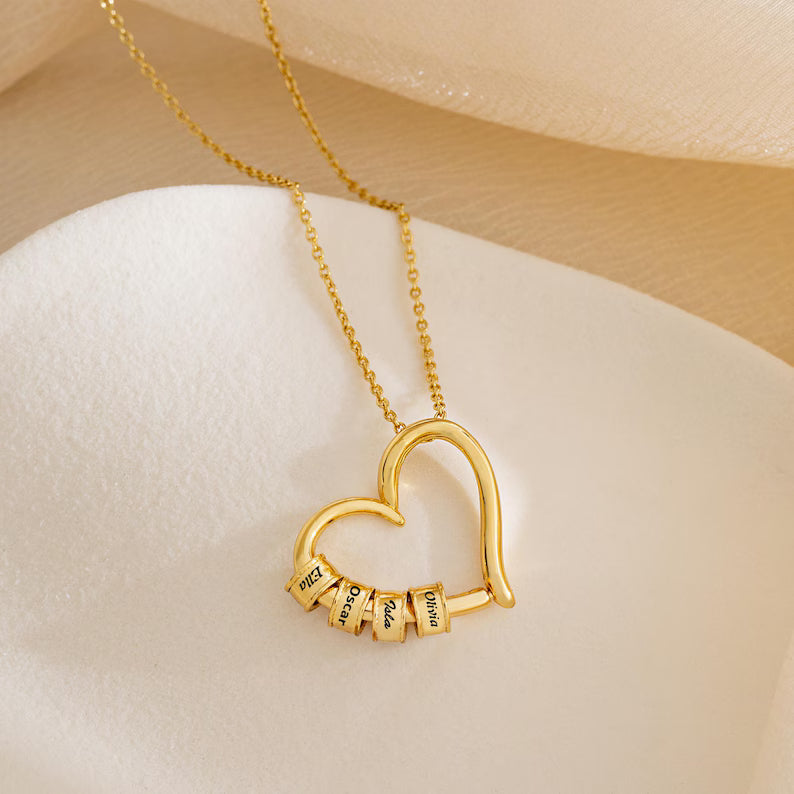 Elegant Heart Necklace with Custom Engraved Beads