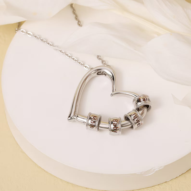 Elegant Heart Necklace with Custom Engraved Beads