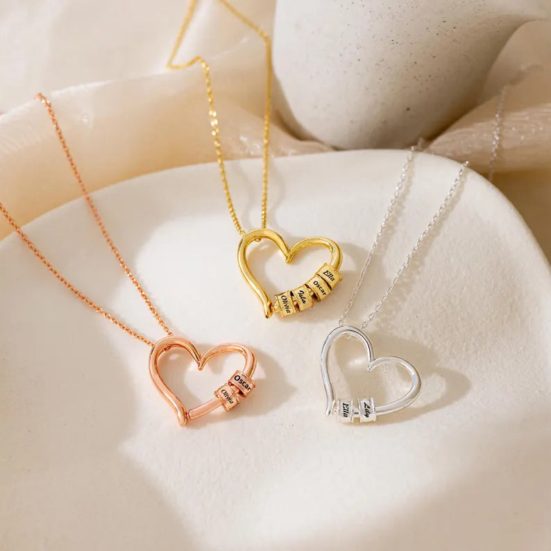 Elegant Heart Necklace with Custom Engraved Beads